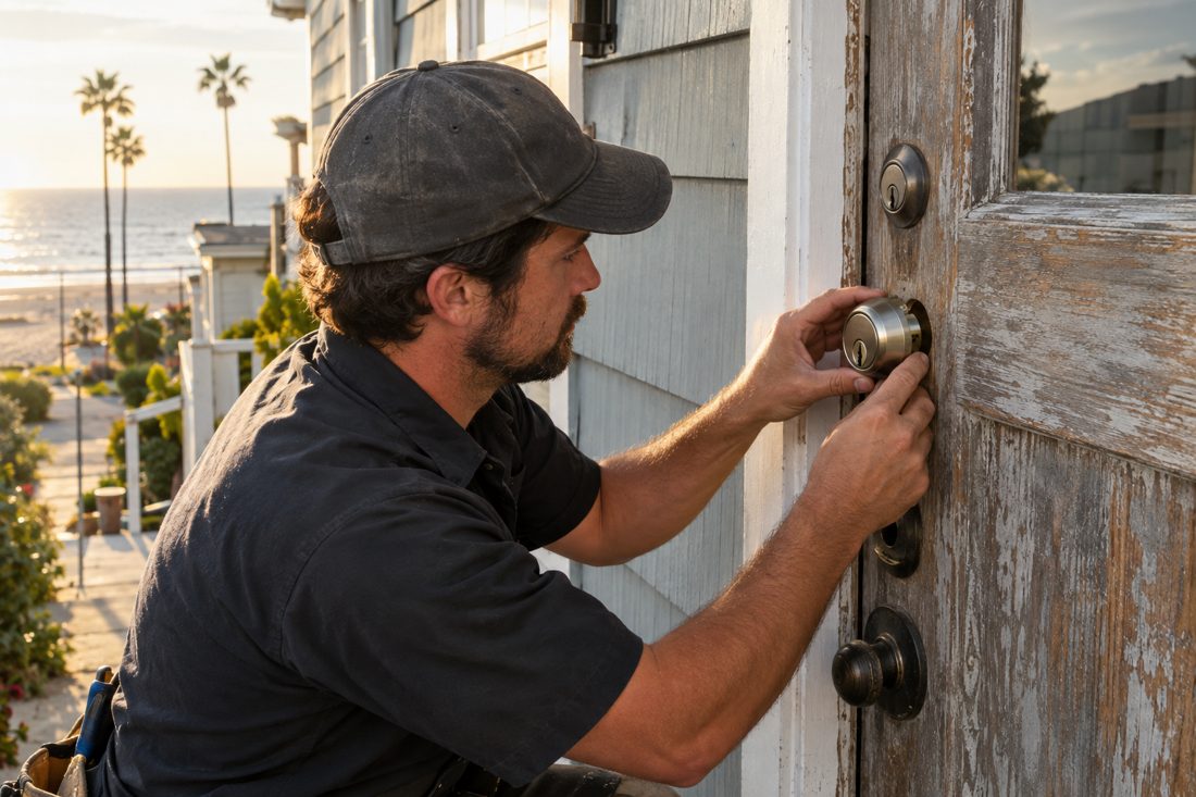 Close view of a locksmith aligning a new deadbolt in the weathered wood door of a compact beach cottage in Hermosa Beach, CA
