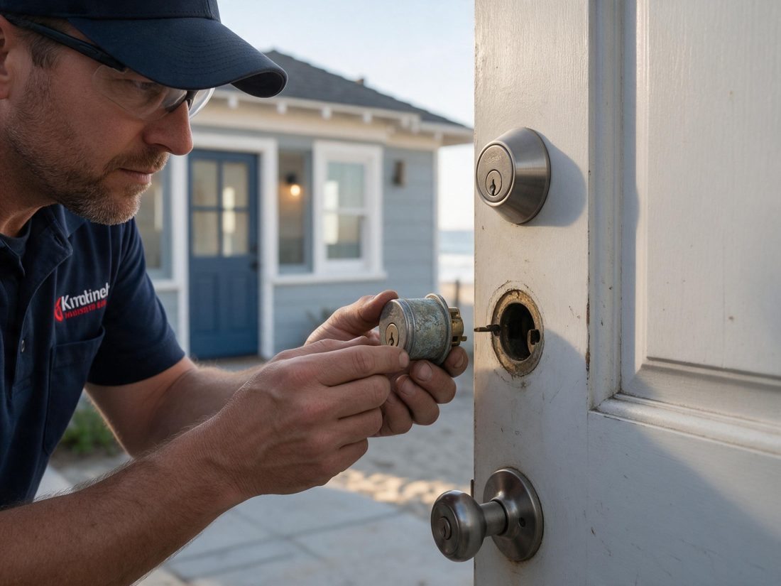 Close view of a locksmith inspecting a salt-worn deadbolt cylinder on the cottage’s exterior door in soft coastal daylight in Manhattan Beach, CA