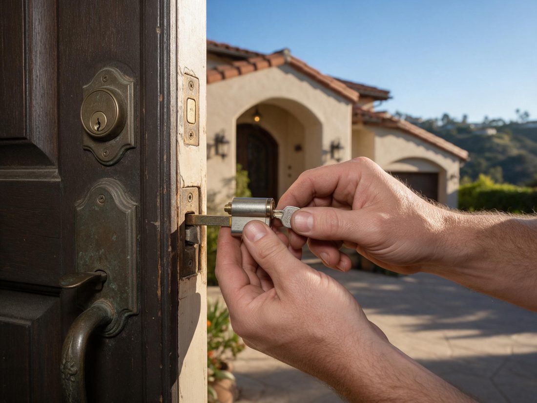 A close view of a locksmith aligning a replacement cylinder in the home's weathered exterior door beside its strike plate in Palos Verdes Estates, CA